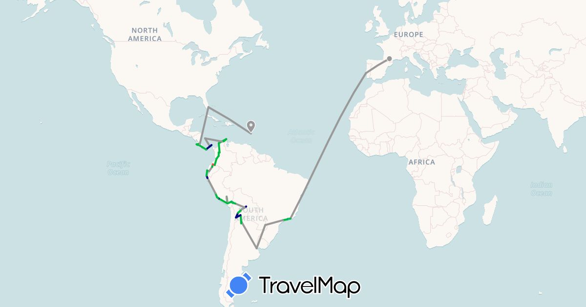 TravelMap itinerary: driving, bus, plane, hiking, boat in Argentina, Bolivia, Brazil, Colombia, Costa Rica, Ecuador, France, Panama, Peru, Portugal, United States (Europe, North America, South America)